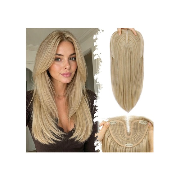 Eawwii Other - Eawwii Blonde Synthetic Hair Topper 18 Inch 5x6 Base Clip In Bangs Layered NEW